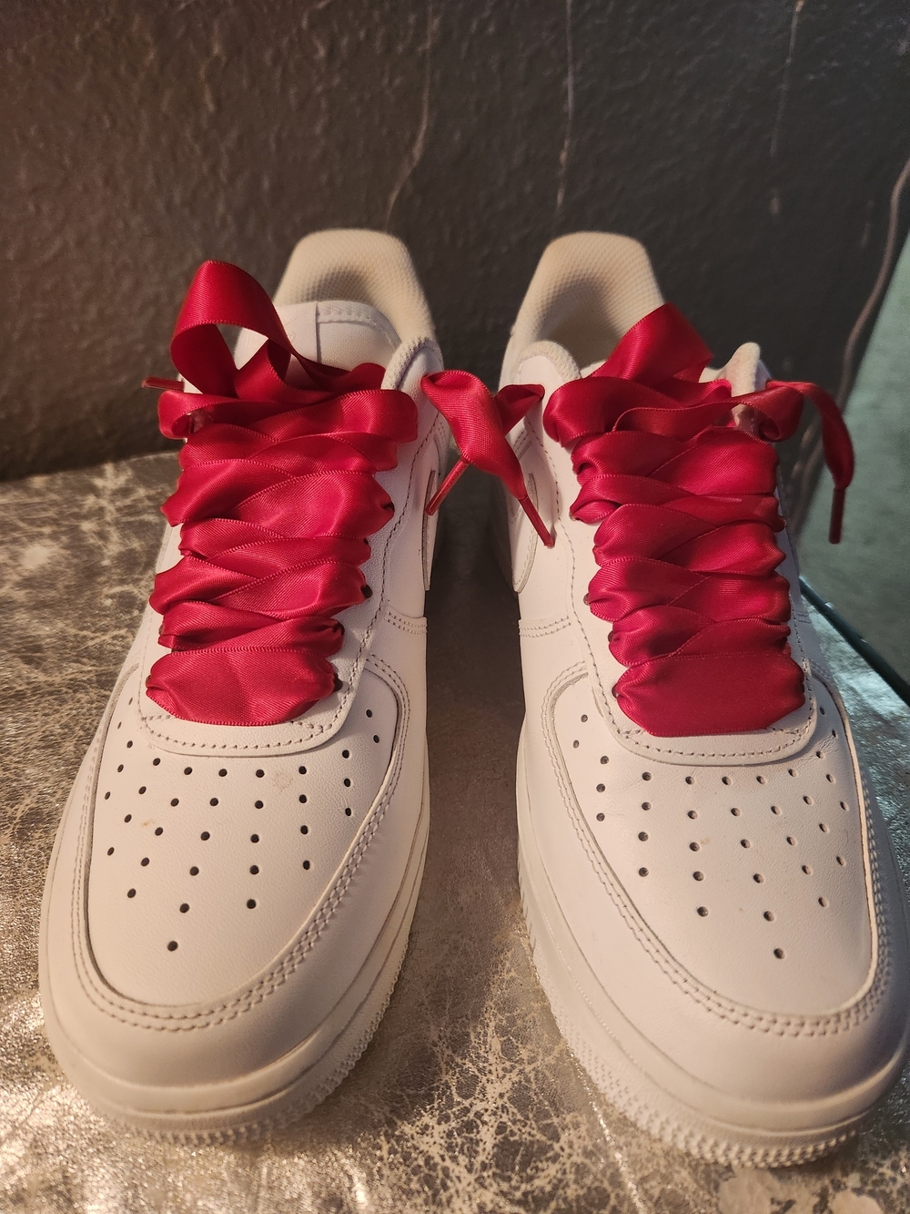 Nike White Air Force 1s with Red Satin Ribbon Laces